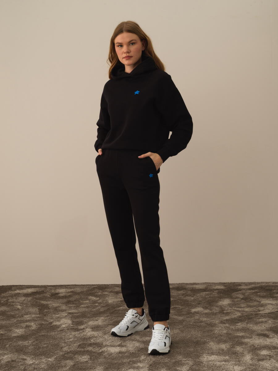 Siyah Pamuk Dokulu Regular Fit Sweat Pantolon - 2