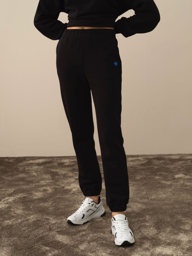 Siyah Pamuk Dokulu Regular Fit Sweat Pantolon - Xint