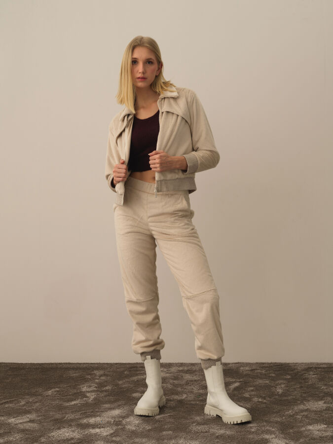 Bej Oversize Polo Yaka Sweat Mont (1)