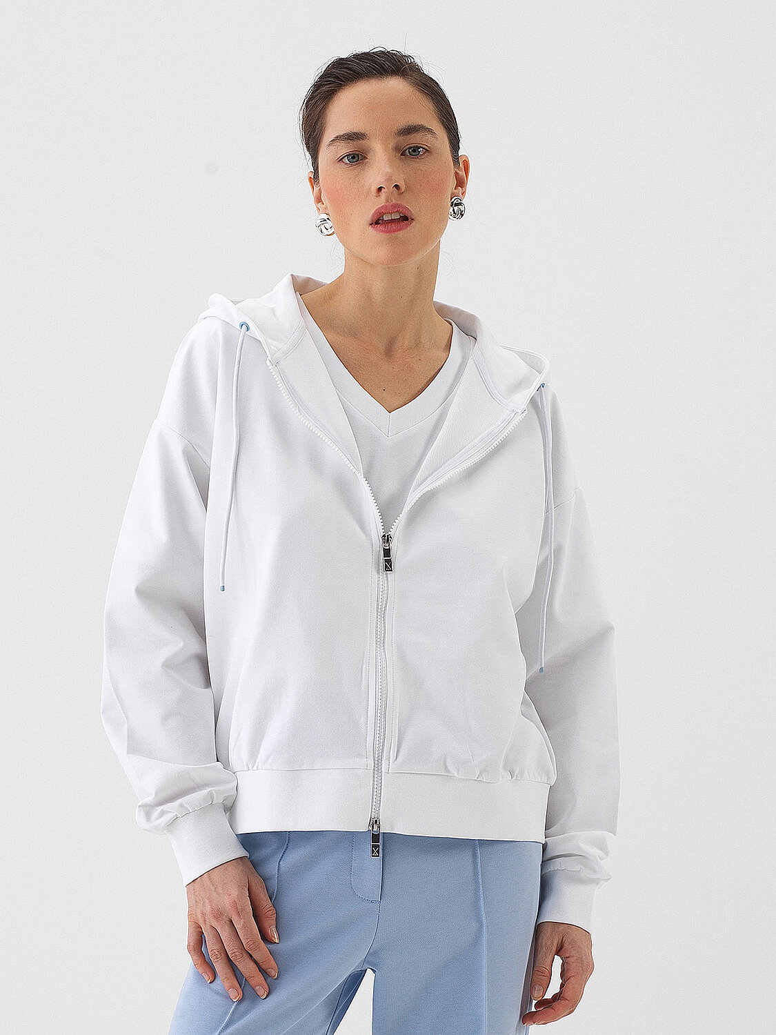 Beyaz Pamuk Dokulu Oversize Sweat Mont