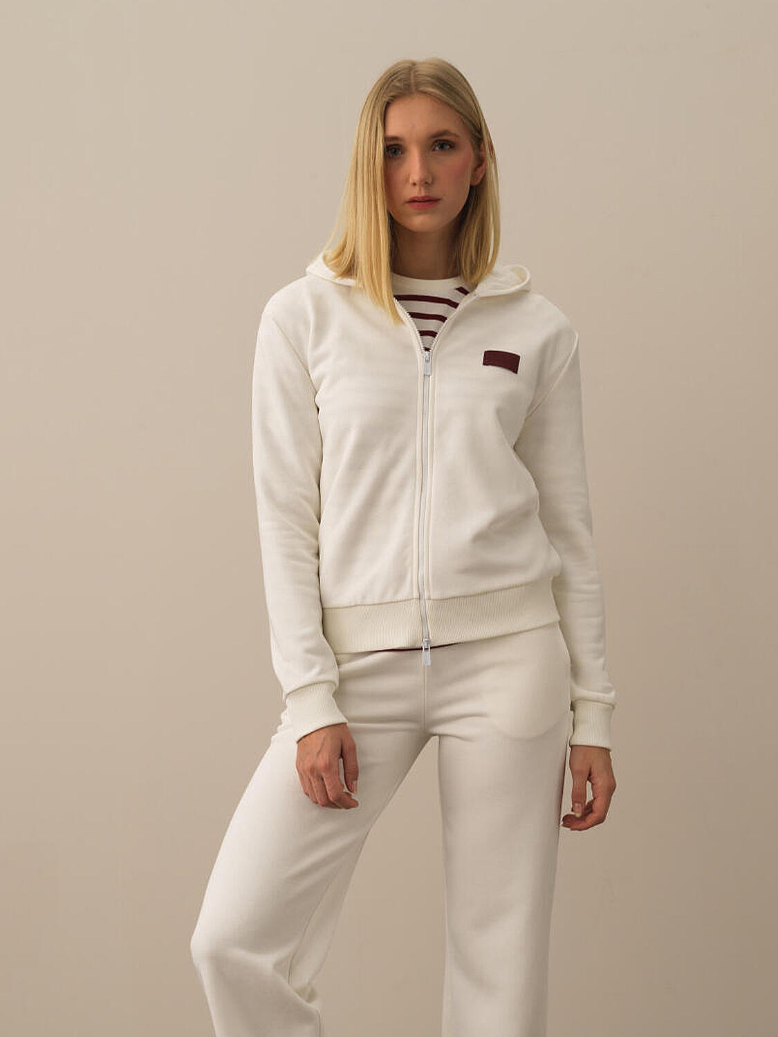 Ekru Oversize Kapüşonlu Pamuklu Sweat Mont - 1
