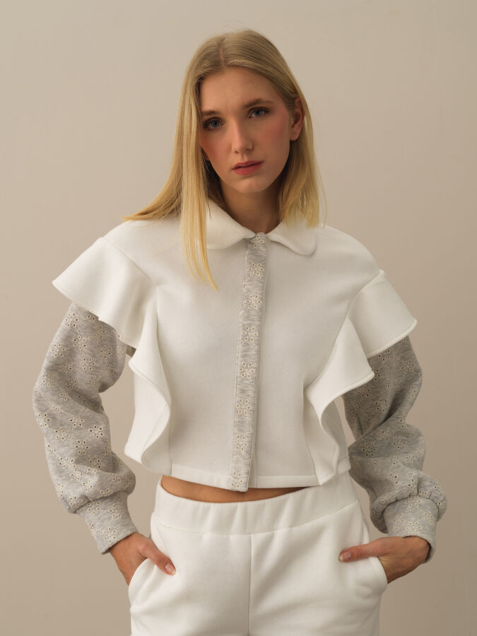 Kırık Beyaz Pamuk Dokulu Regular Fit Sweatmont - Xint