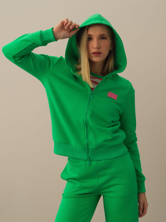 Yeşil Pamuk Dokulu Oversize Sweatmont - Xint