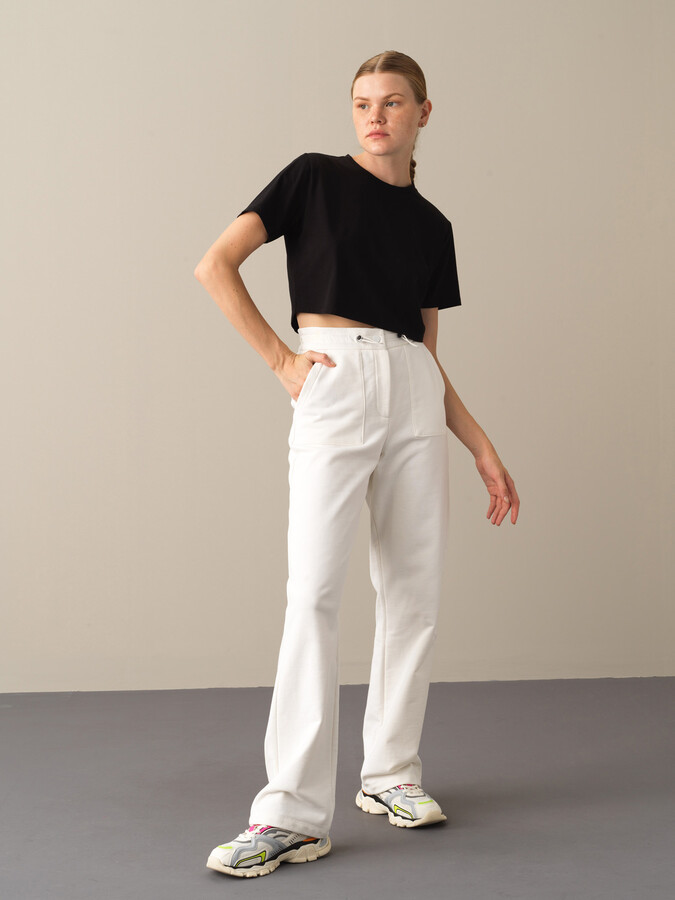 Beyaz Pamuk Dokulu Oversize Sweat Pantolon - Xint