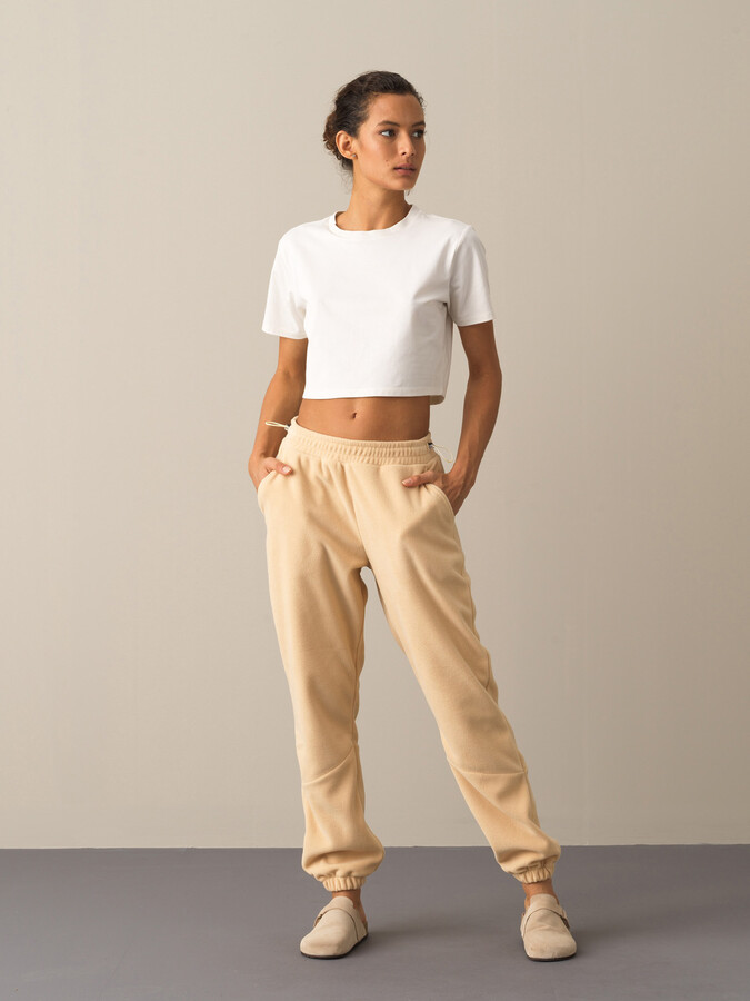 Bej Pamuk Dokulu Polar Sweat Pantolon - Xint