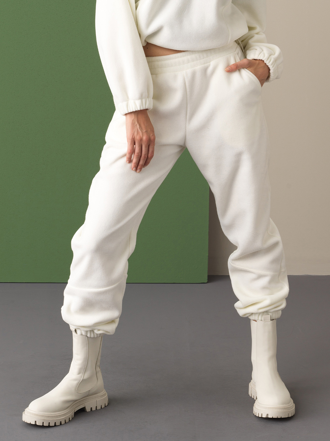 Beyaz Pamuk Dokulu Polar Sweat Pantolon