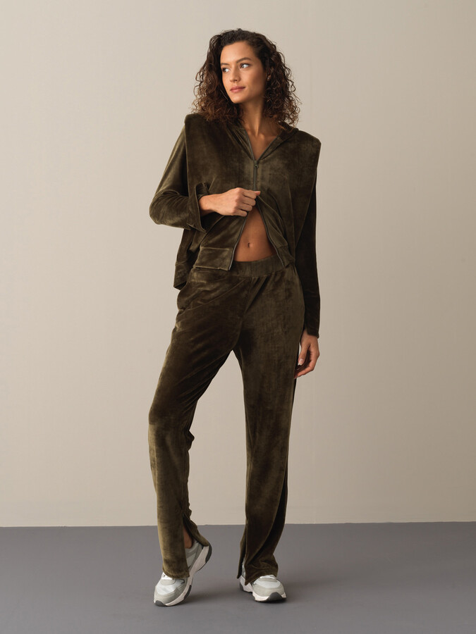 Haki Esnek Dokulu Soft Kadife Sweat Pantolon - Xint