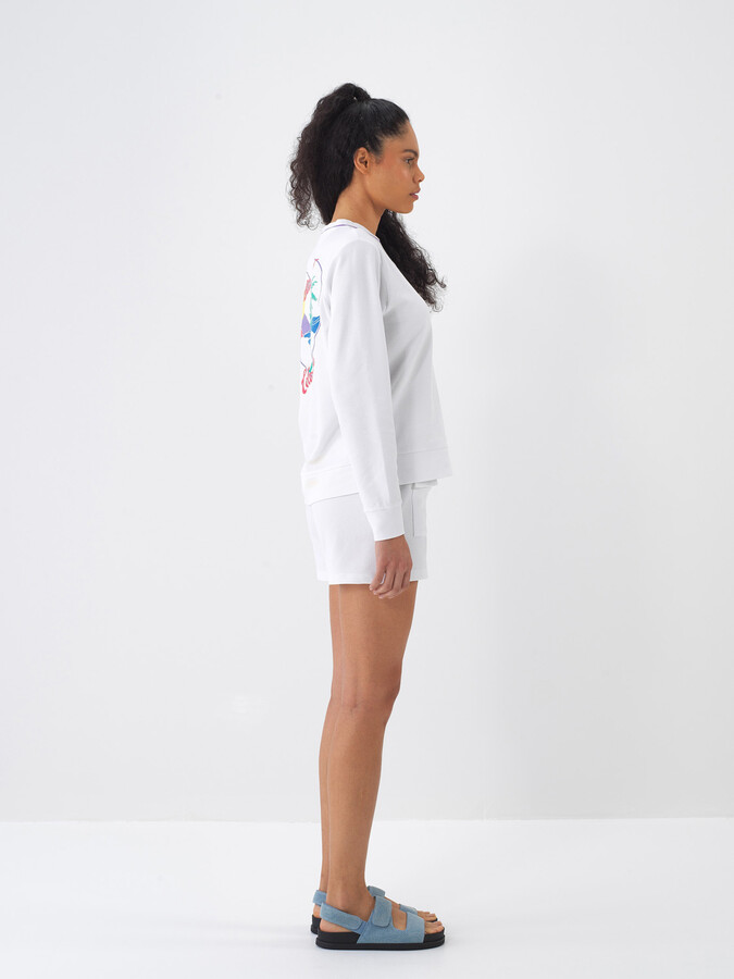 Beyaz Pamuk Dokulu Regular Fit Sweatshirt - 4