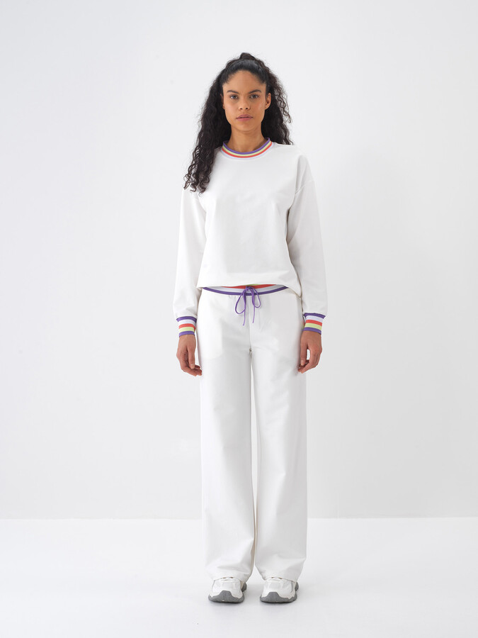Beyaz Pamuk Dokulu Regular Fit Sweatshirt - 2