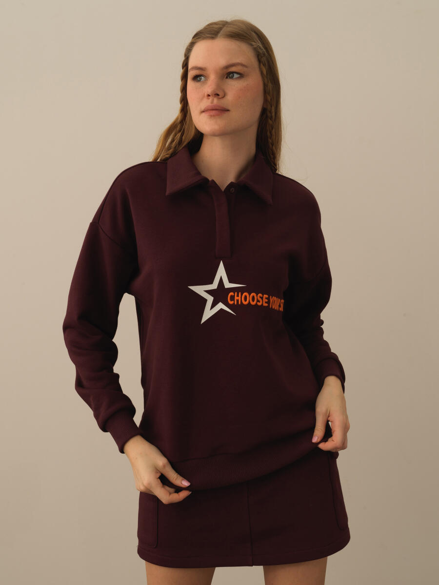 Bordo Regular Fit Polo Yaka Pamuklu Sweatshirt - 1