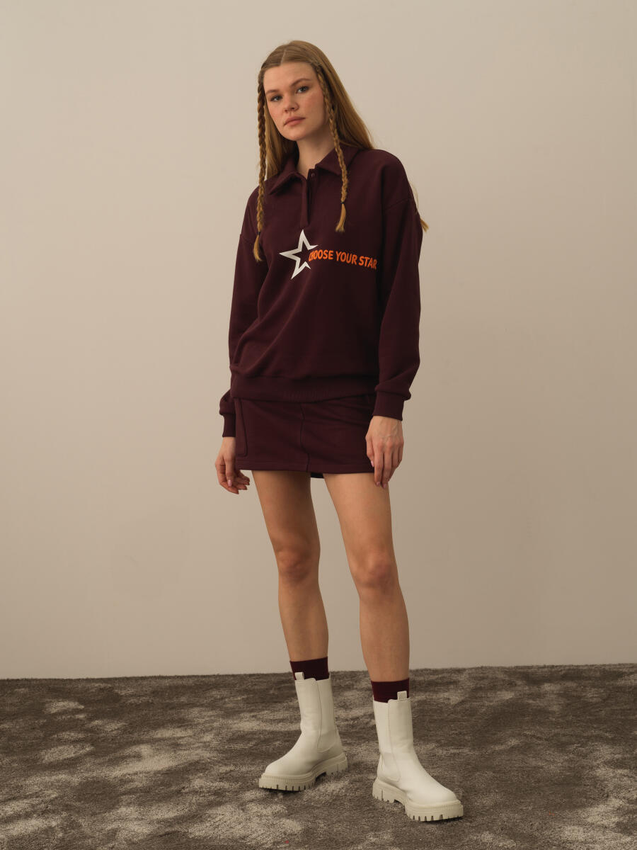 Bordo Regular Fit Polo Yaka Pamuklu Sweatshirt - 2