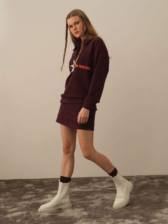 Bordo Pamuk Dokulu Regular Fit Sweatshirt - Xint
