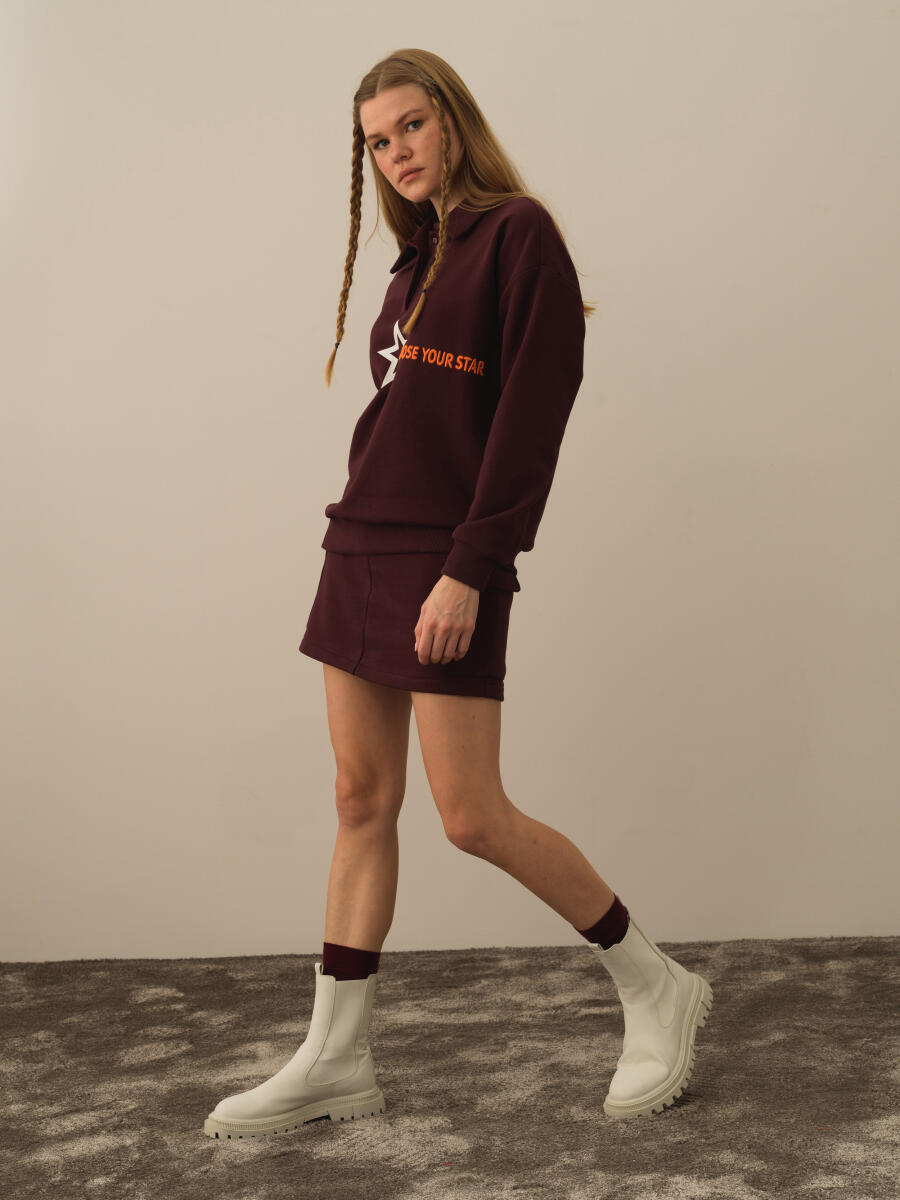 Bordo Regular Fit Polo Yaka Pamuklu Sweatshirt - 4