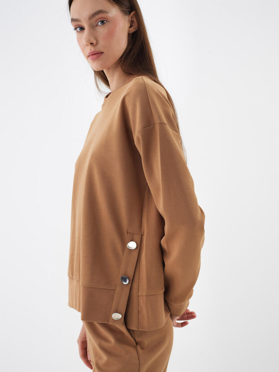 Camel Pamuk Dokulu Oversize Sweatshirt - 1