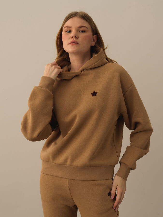 Camel Pamuk Dokulu Oversize Sweatshirt - Xint
