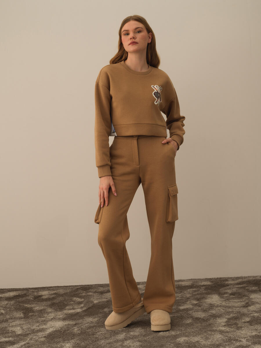 Camel Pamuk Dokulu Oversize Sweatshirt