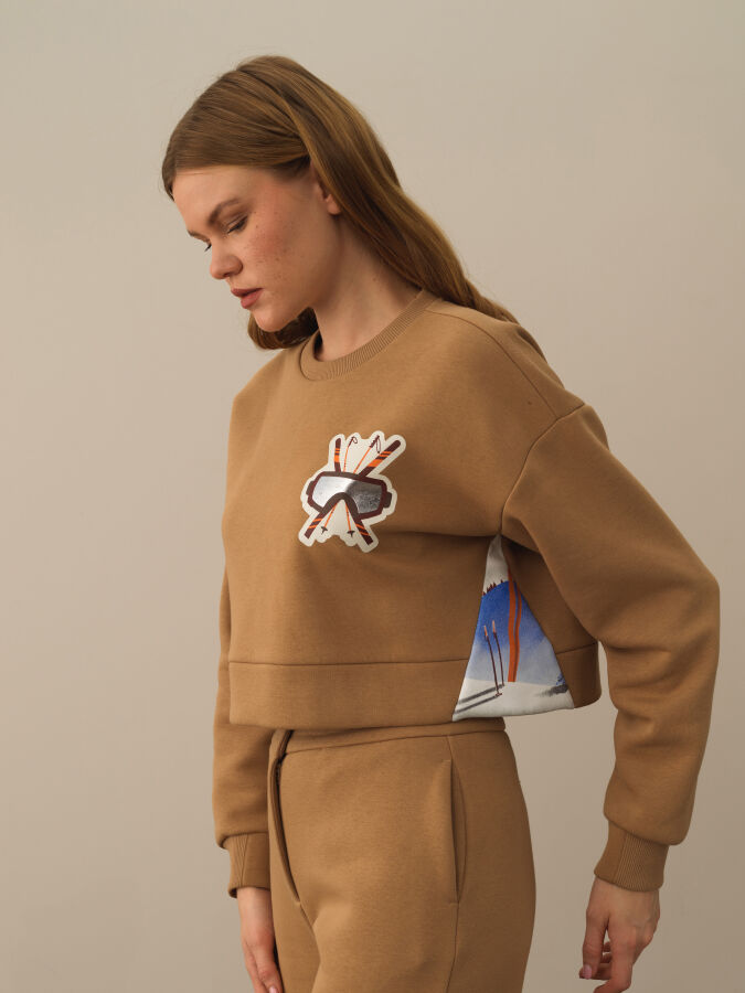 Camel Pamuk Dokulu Oversize Sweatshirt - Xint