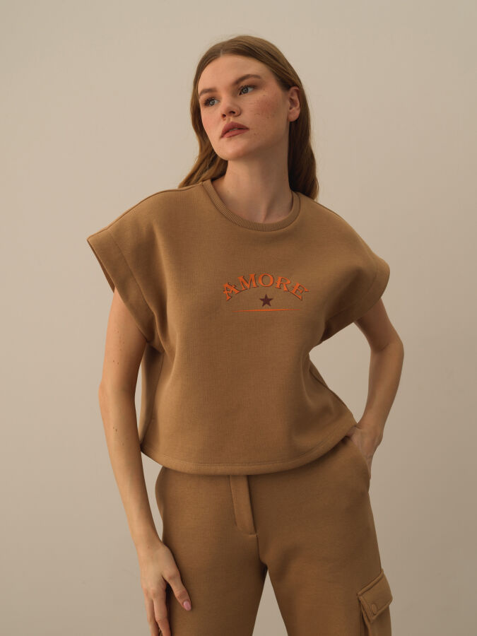 Camel Pamuk Dokulu Oversize Sweatshirt - Xint