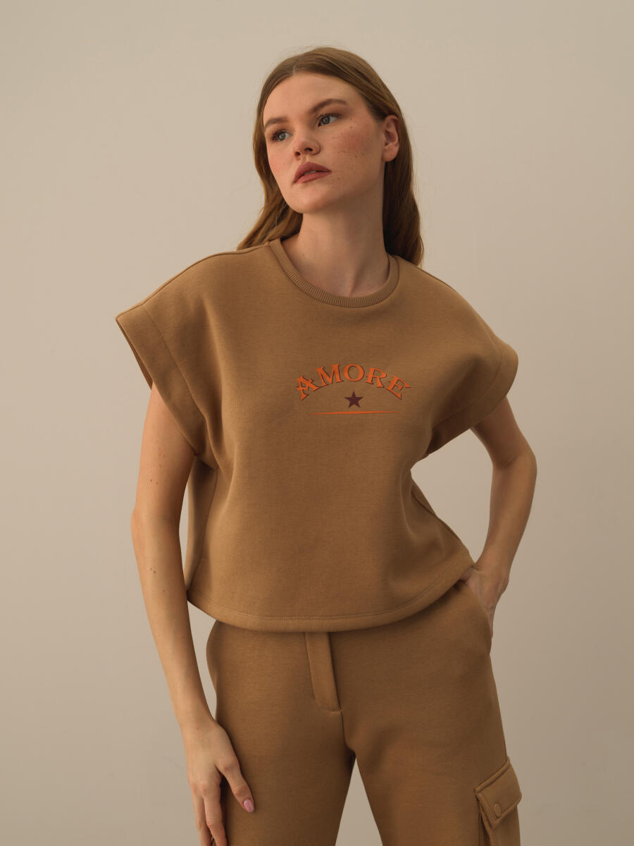 Camel Pamuk Dokulu Oversize Sweatshirt - 2