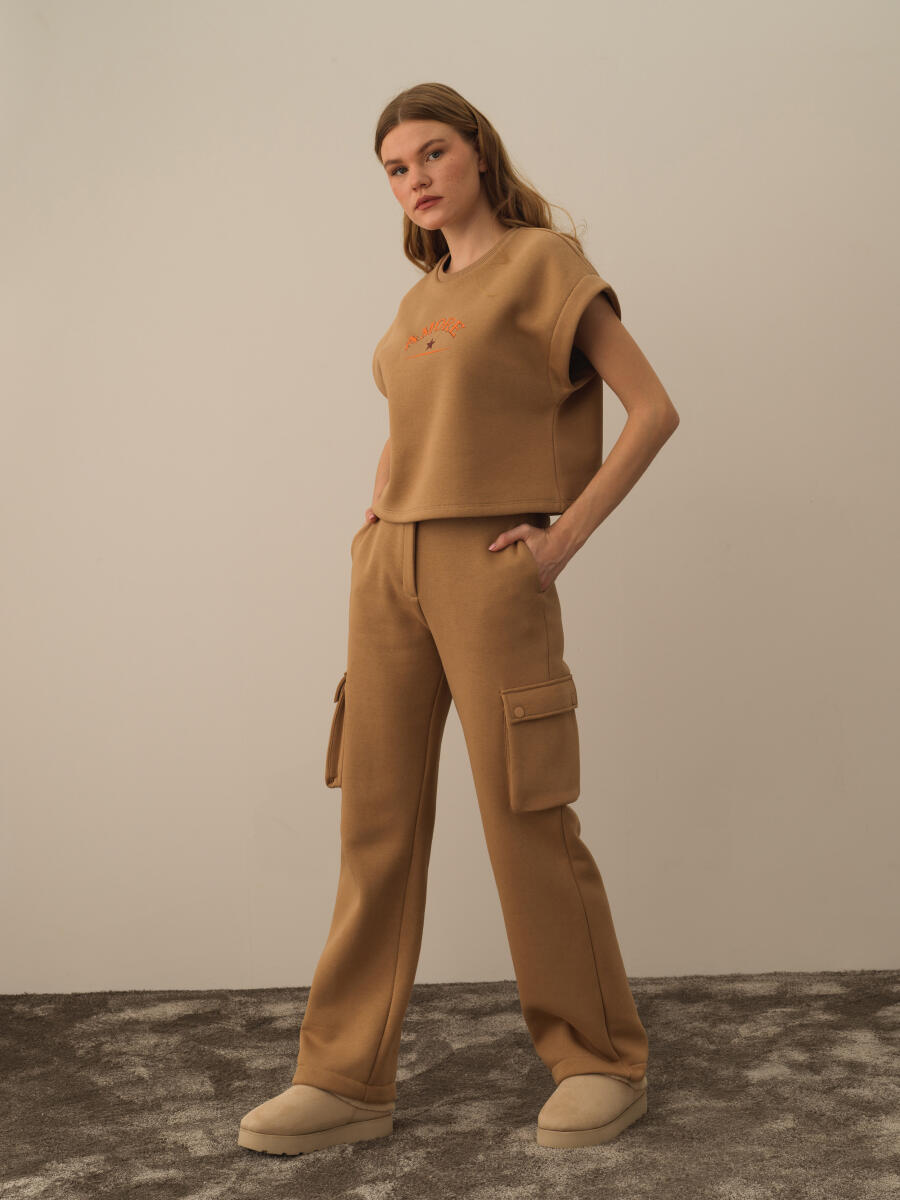 Camel Pamuk Dokulu Oversize Sweatshirt