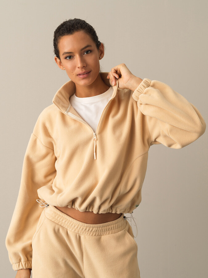 Bej Oversize Dik Yaka Polar Sweatshirt - 1