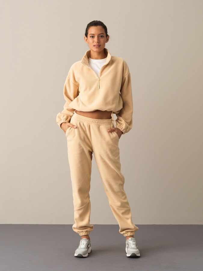 Bej Oversize Dik Yaka Polar Sweatshirt - 2