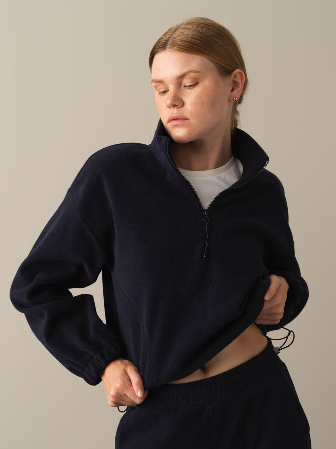 Lacivert Pamuk Dokulu Oversize Polar Sweatshirt 