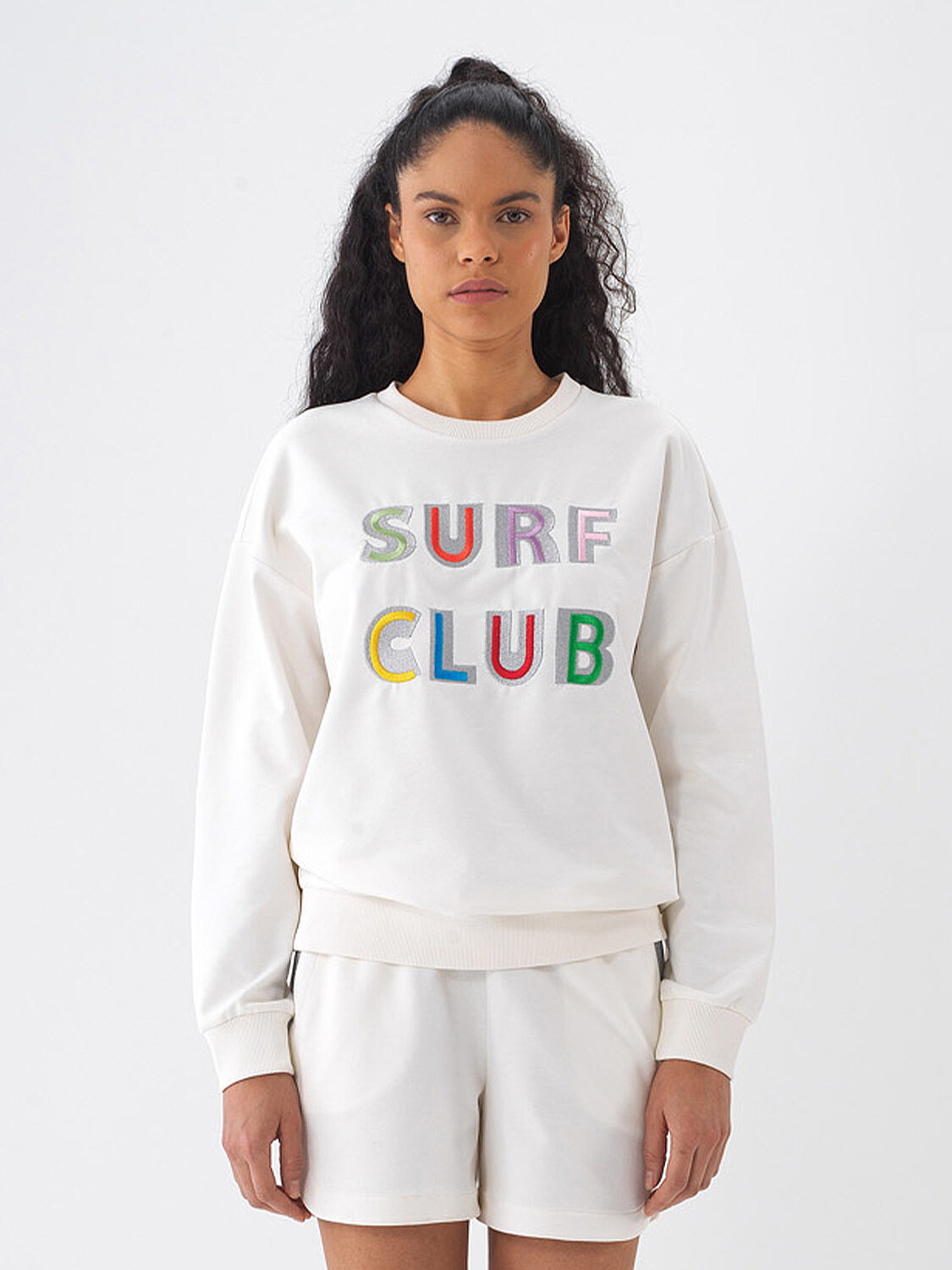 Ekru Pamuk Dokulu Oversize Sweatshirt (1)
