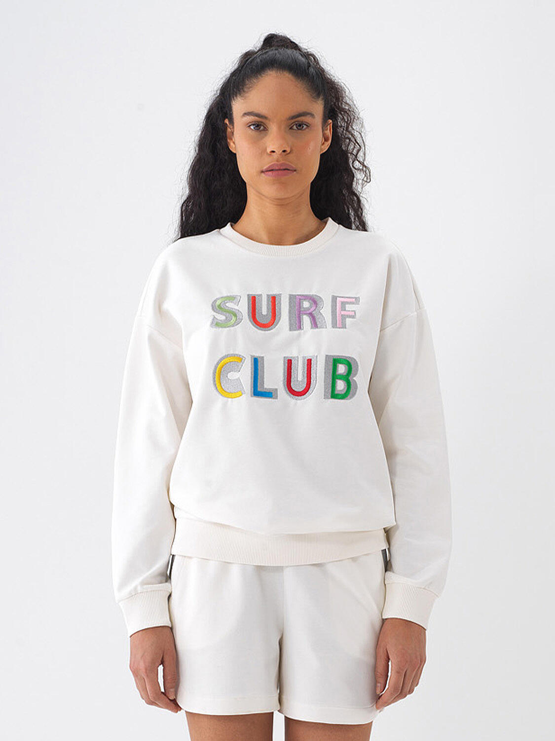 Ekru Pamuk Dokulu Oversize Sweatshirt - 1