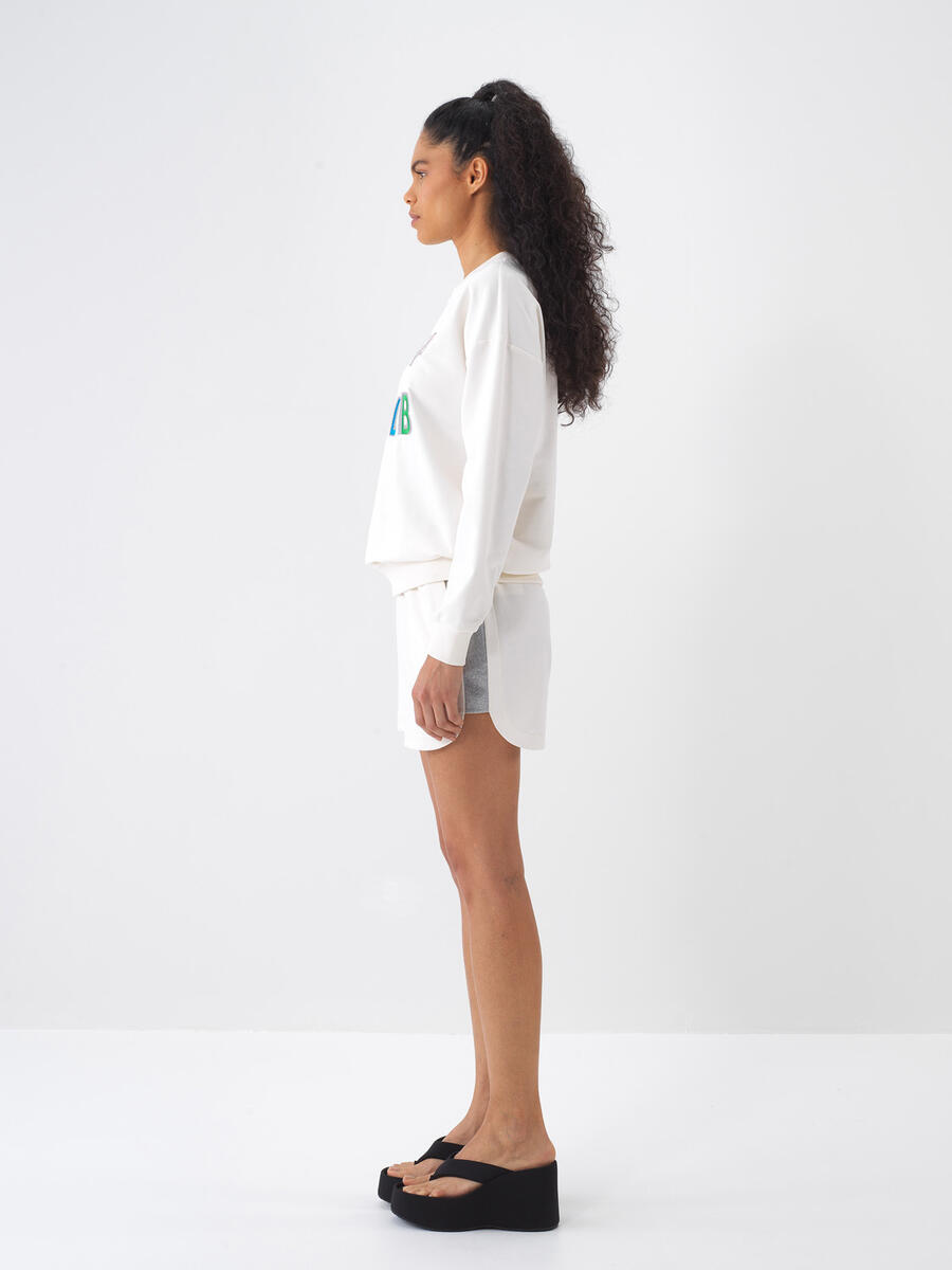 Ekru Pamuk Dokulu Oversize Sweatshirt - 3
