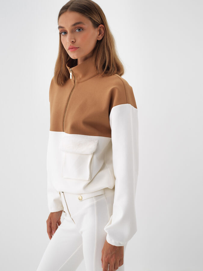 Ekru Pamuk Dokulu Oversize Sweatshirt - Xint