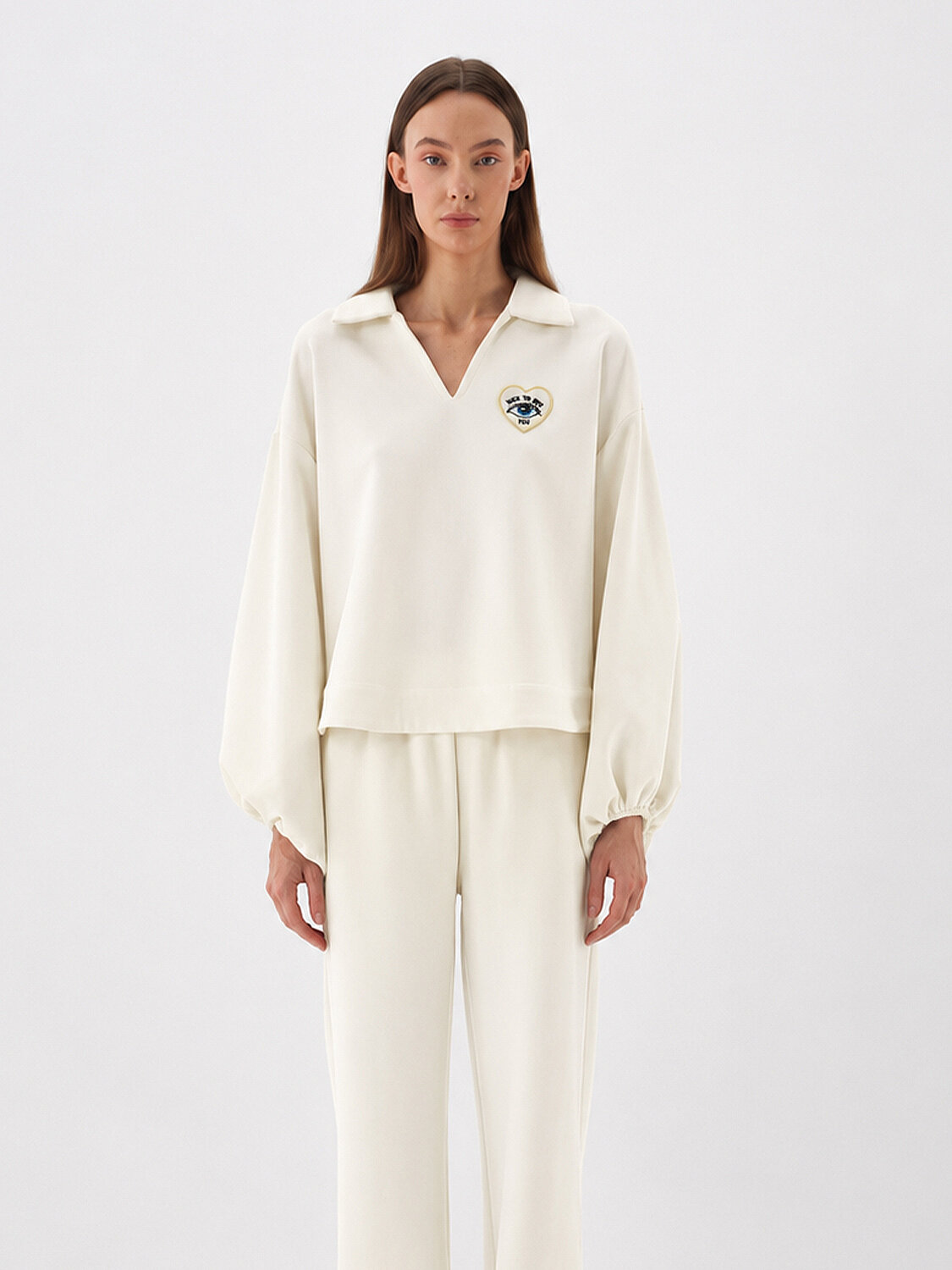 Ekru Pamuk Dokulu Oversize Sweatshirt (1)