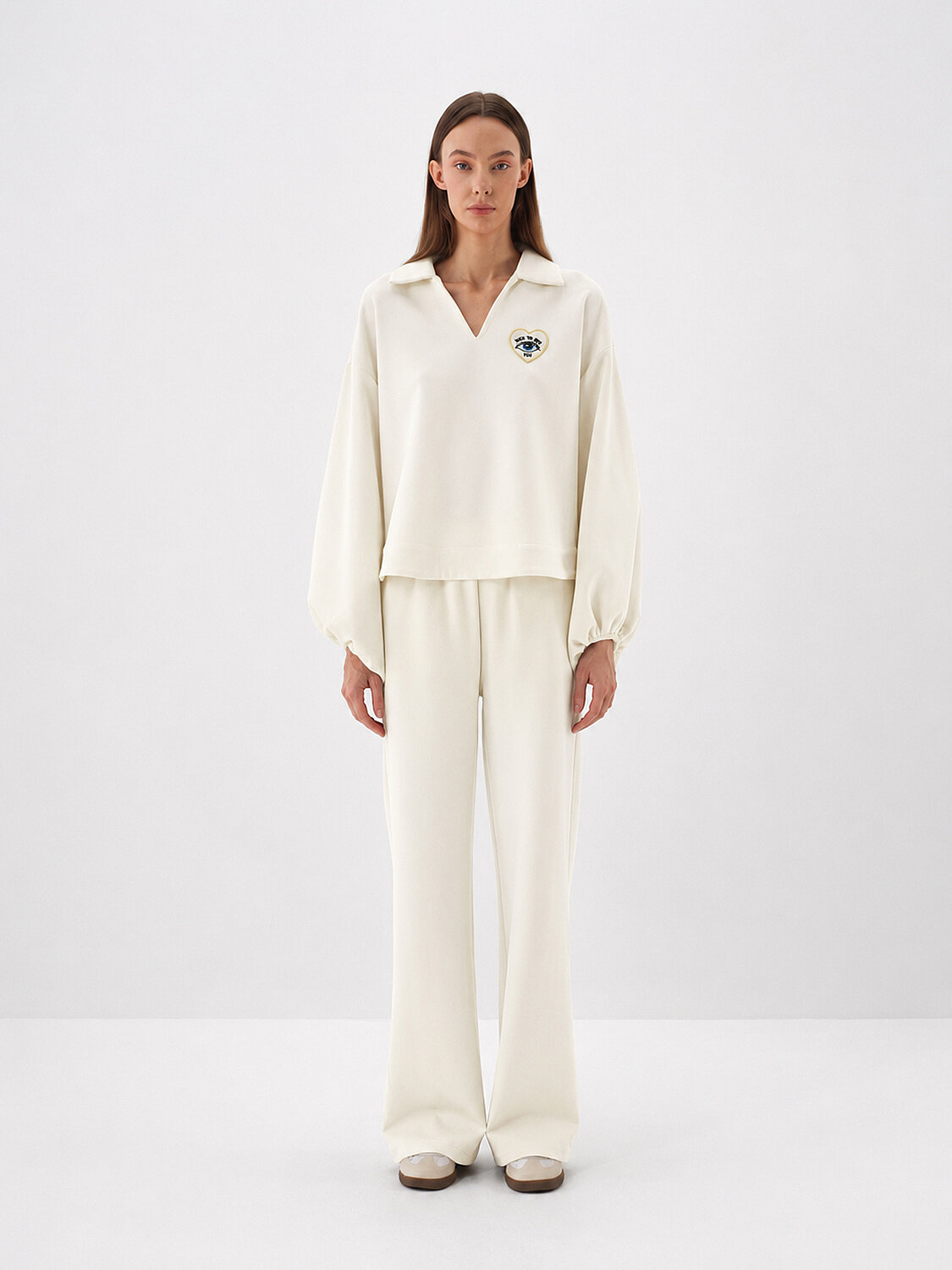 Ekru Pamuk Dokulu Oversize Sweatshirt
