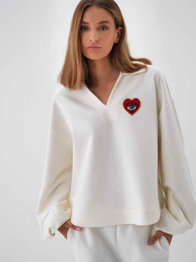 Ekru Pamuk Dokulu Oversize Sweatshirt - Xint