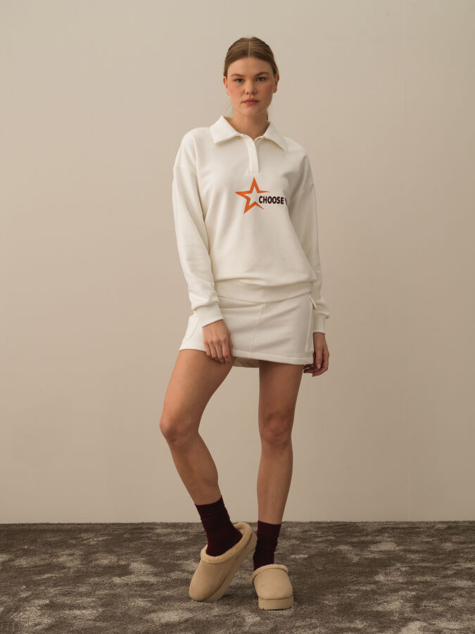 Ekru Pamuk Dokulu Regular Fit Sweatshirt - Xint