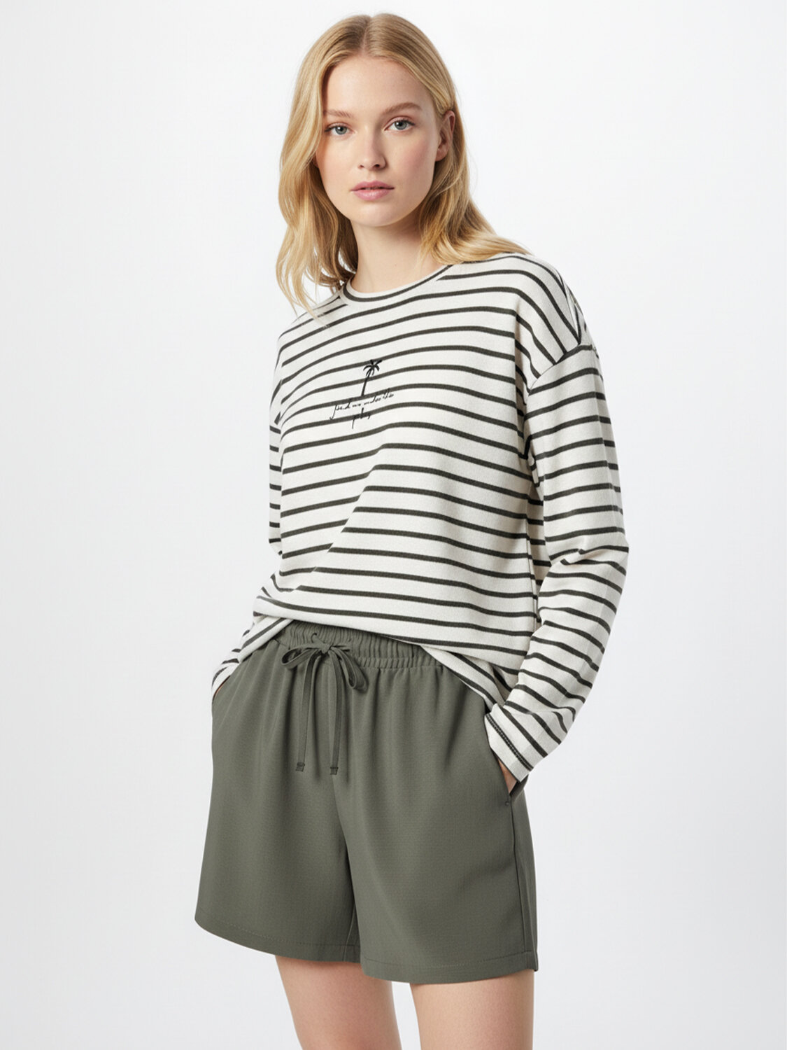 Haki Pamuk Dokulu Oversize Sweatshirt