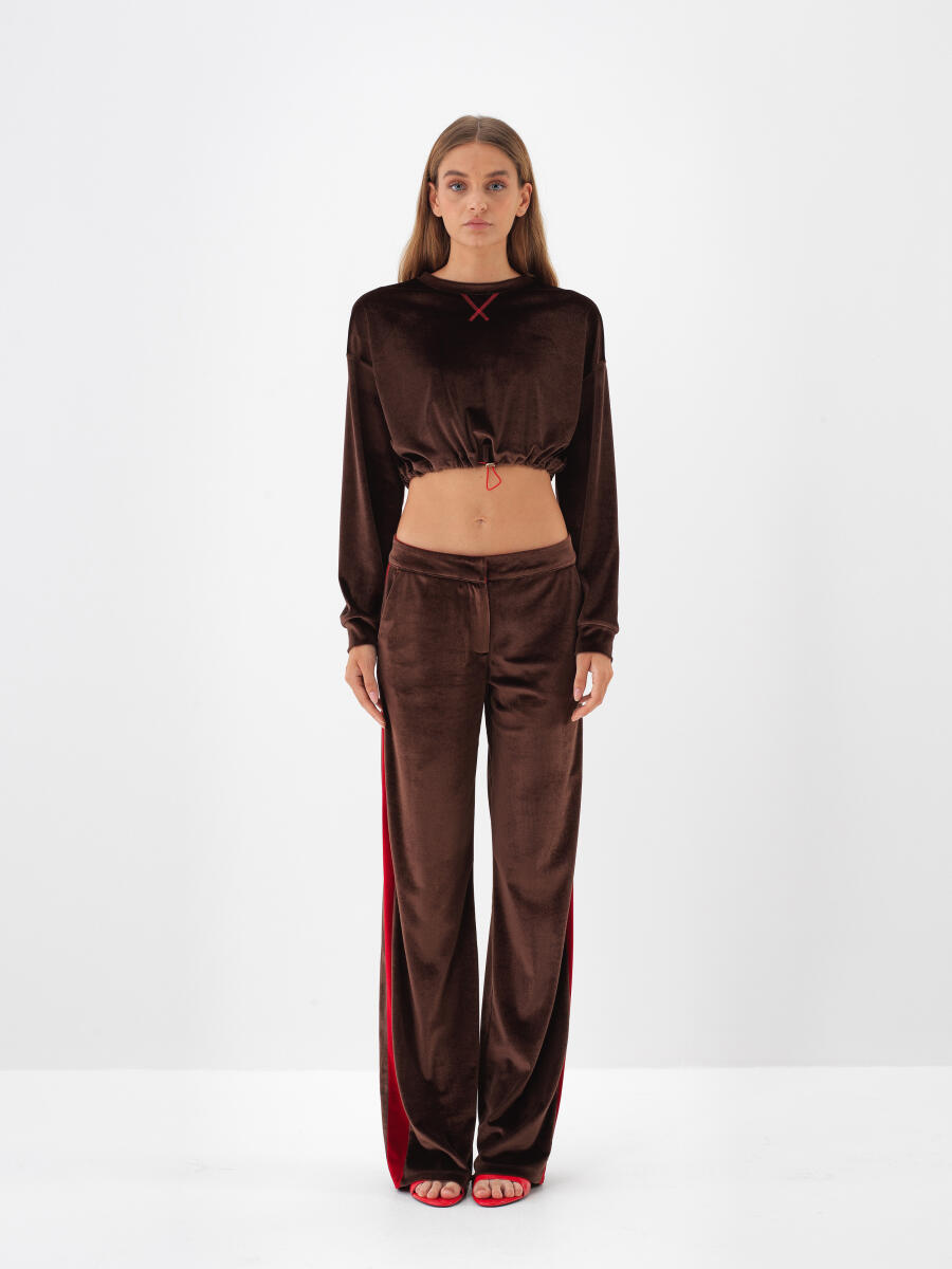 Kahverengi Lüks Dokulu Soft Kadife Oversize Sweatshirt