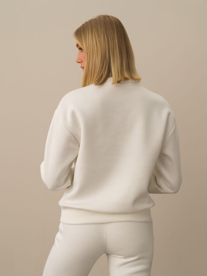 Ekru Oversize Dik Yaka Pamuklu Sweatshirt - 4