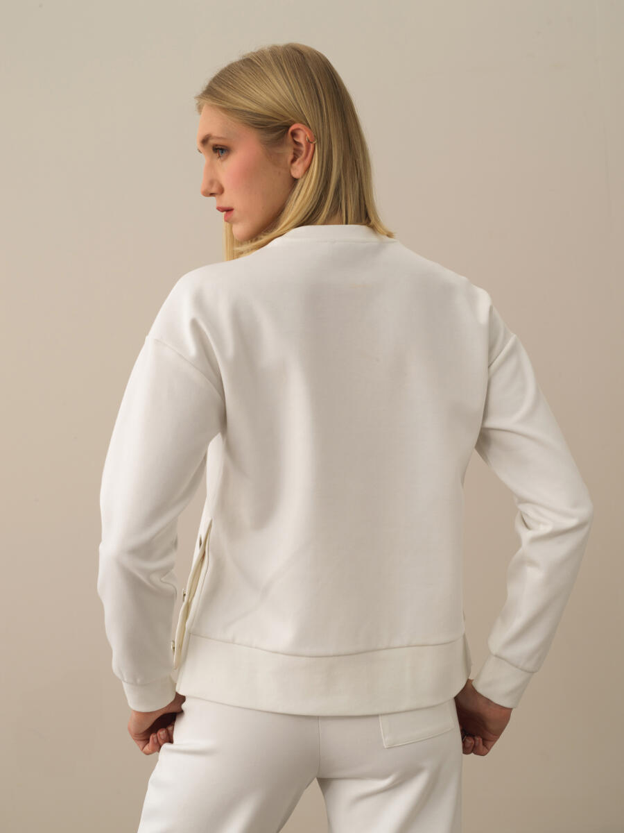 Kırık Beyaz Pamuk Dokulu Oversize Sweatshirt - 4
