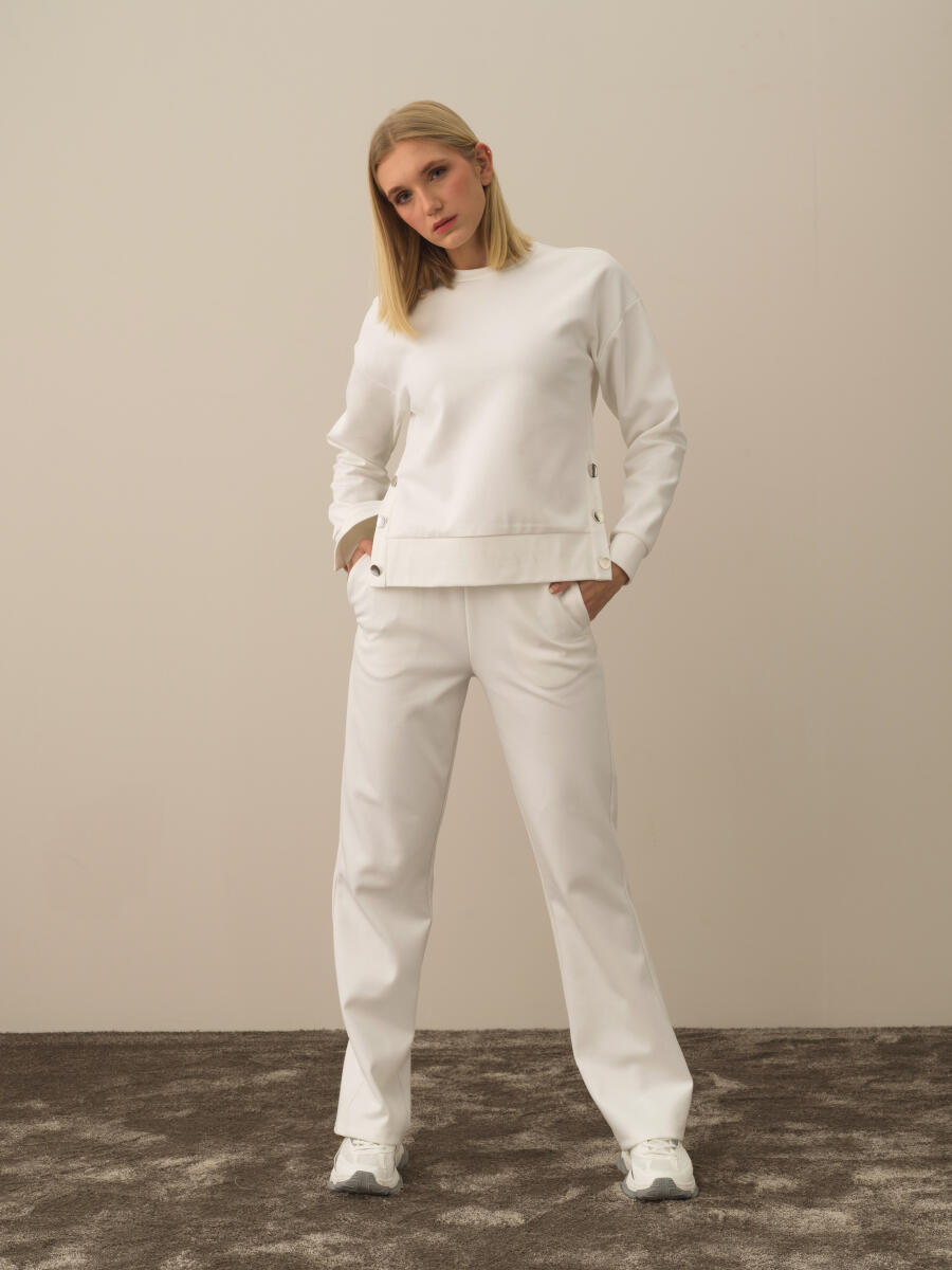 Kırık Beyaz Pamuk Dokulu Oversize Sweatshirt - 2