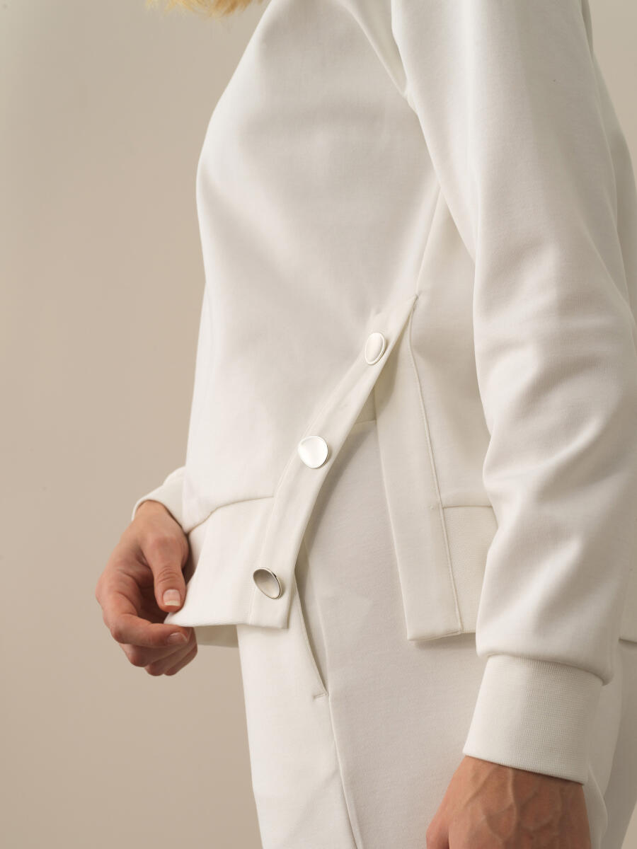 Kırık Beyaz Pamuk Dokulu Oversize Sweatshirt - 3