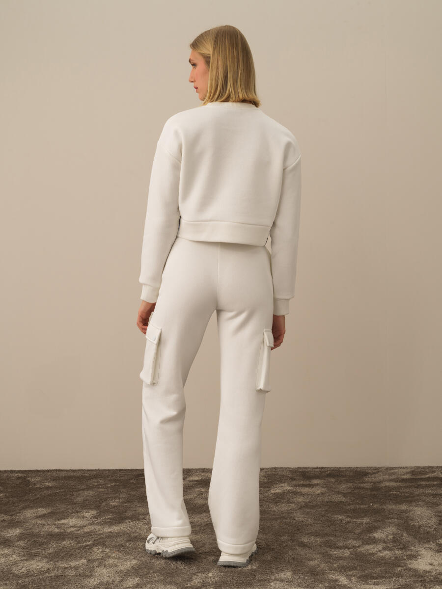 Kırık Beyaz Pamuk Dokulu Oversize Sweatshirt - 4