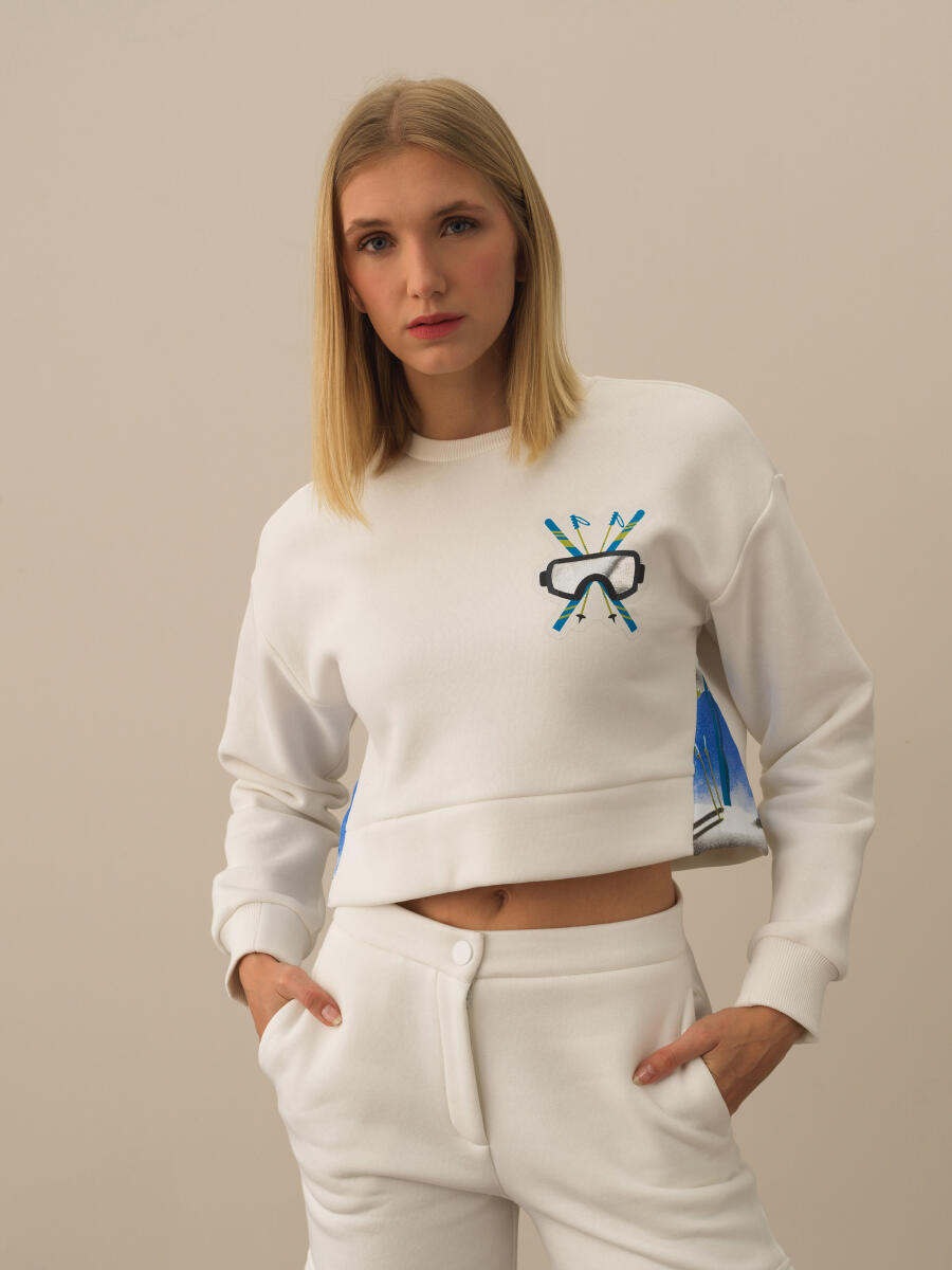 Kırık Beyaz Pamuk Dokulu Oversize Sweatshirt