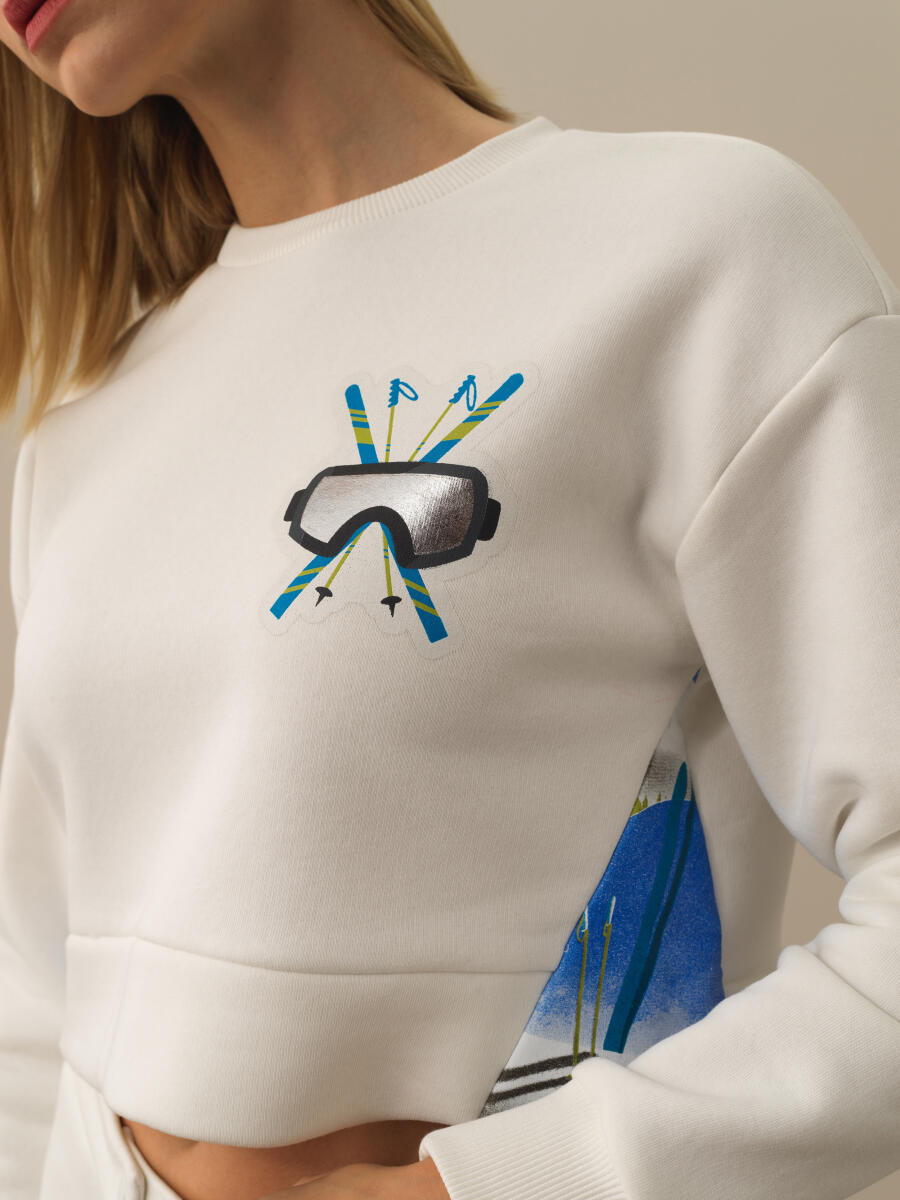 Kırık Beyaz Pamuk Dokulu Oversize Sweatshirt - 3