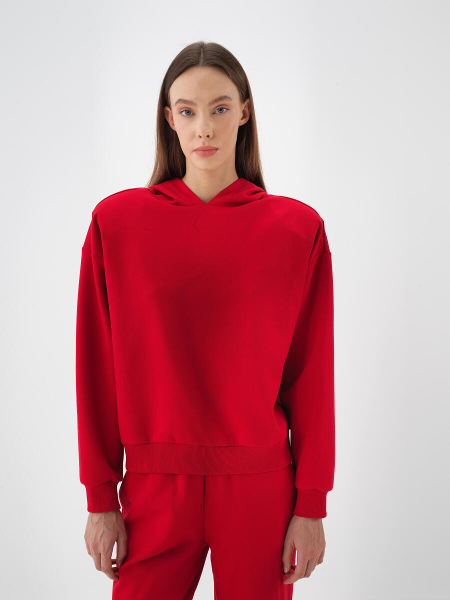 Kırmızı Pamuk Dokulu Oversize Sweatshirt - 1
