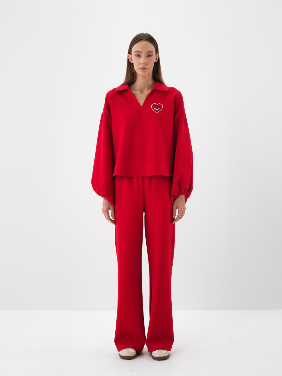 Kırmızı Pamuk Dokulu Oversize Sweatshirt - 2