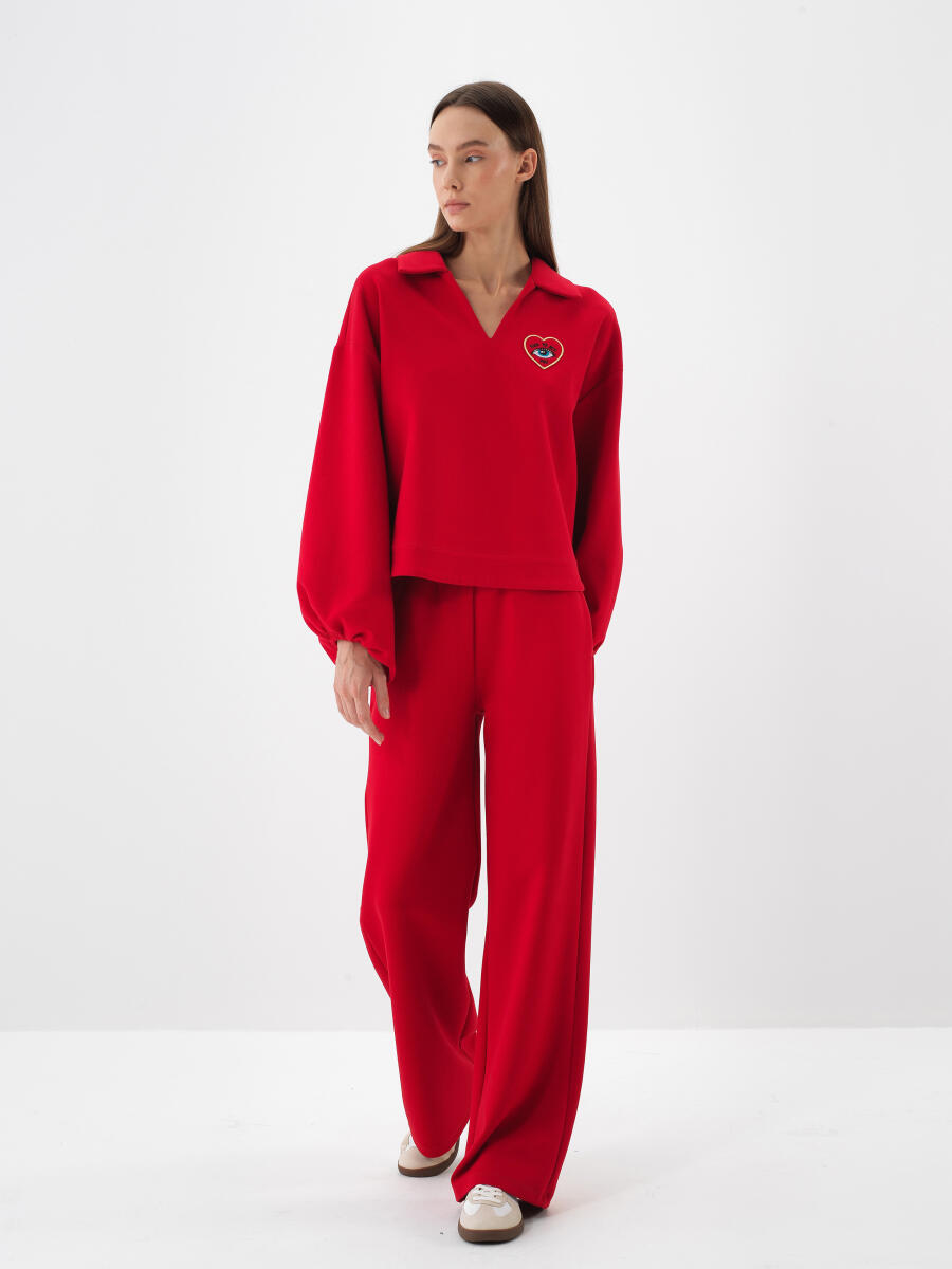 Kırmızı Pamuk Dokulu Oversize Sweatshirt - 3