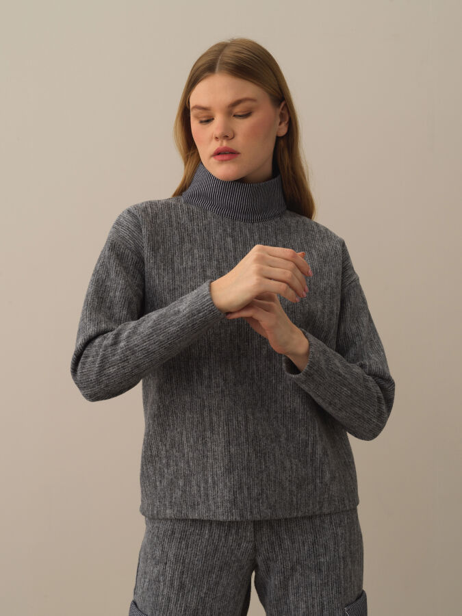 Koyu Gri Pamuk Dokulu Oversize Sweatshirt - Xint