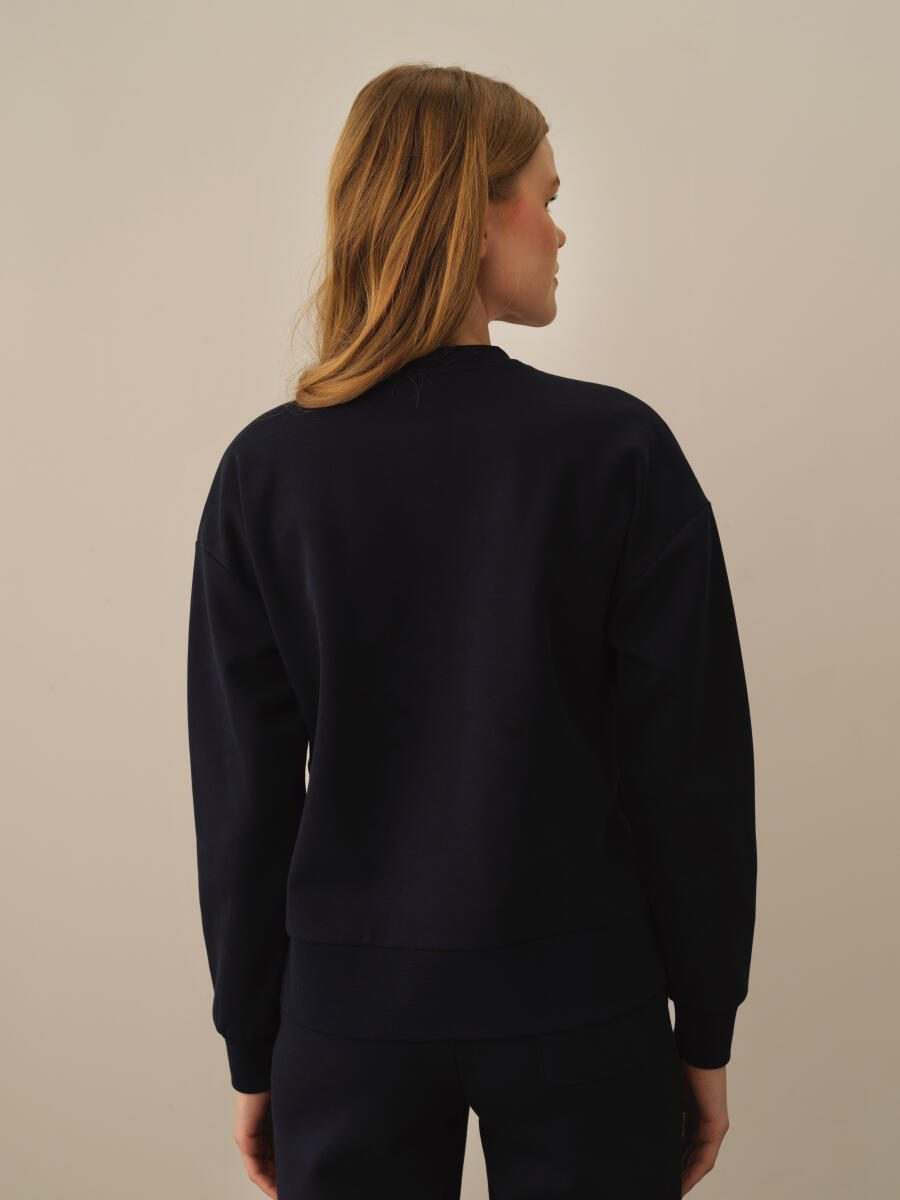 Lacivert Pamuk Dokulu Oversize Sweatshirt - 4