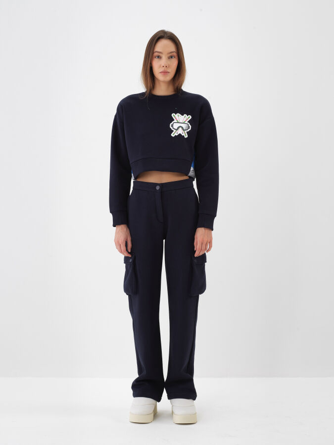 Lacivert Pamuk Dokulu Oversize Sweatshirt - Xint